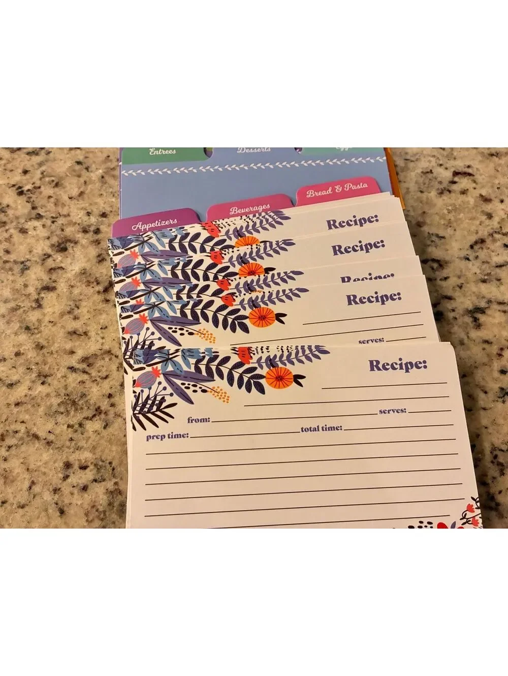 Floral Pattern Recipe Card Box with Dividers and Recipe Cards